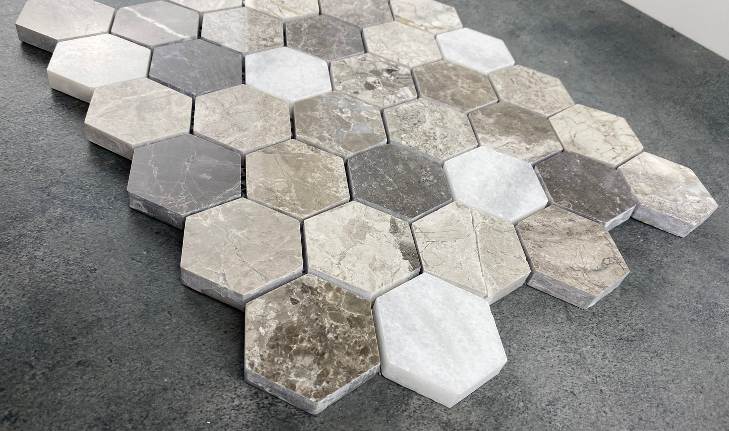 Silver Shadow Marble 2" Hexagon on 12" x 12" Mesh Mosaic Tile