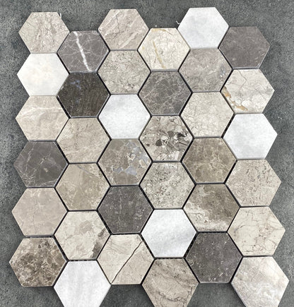 Silver Shadow Marble 2" Hexagon on 12" x 12" Mesh Mosaic Tile