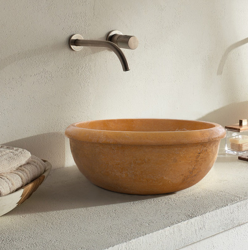 gobek natural golden sienna natural stone vessel sink honed and filled SKU KMRC166DI Size (D)16" (H)6" installed on bathroom as mounting type is countertop