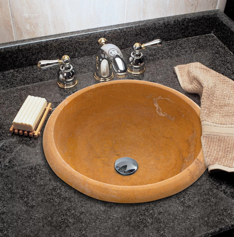 gobek natural golden sienna natural stone vessel sink honed and filled SKU KMRC166DI Size (D)16" (H)6" installed on bathroom as mounting type is drop-in