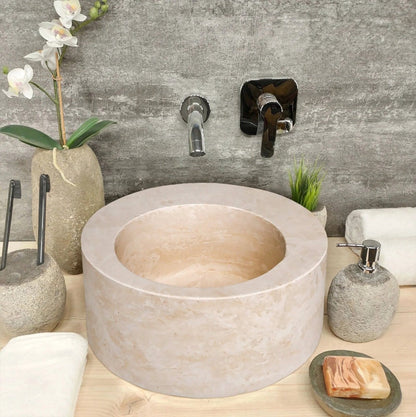 Light Beige Travertine Natural Stone Round Sink SKU-NTRSTC22 size (D)18" (H)8" installed on bathroom scene