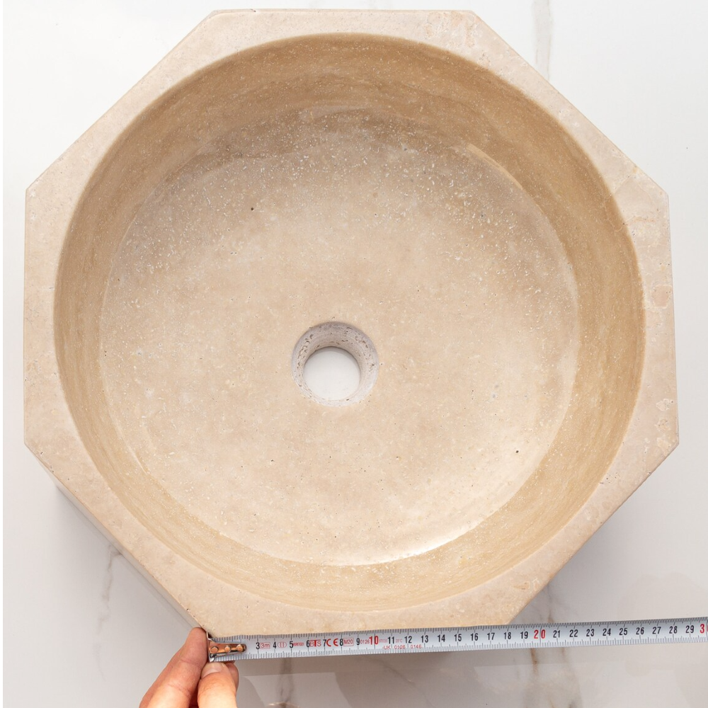 Light Beige Travertine Octagon Natural Stone Vessel Sink Polished D16 H5 SKU-EGELBTOP166 product shot single side measure