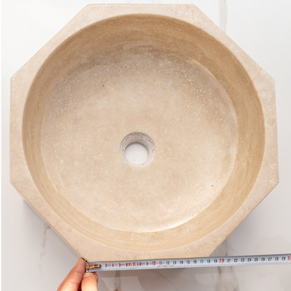 Light Beige Travertine Octagon Natural Stone Vessel Sink Polished D16 H5 SKU-EGELBTOP166 product shot single side measure