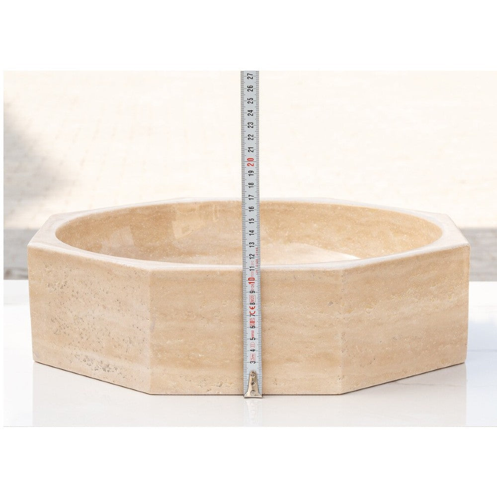 Light Beige Travertine Octagon Natural Stone Vessel Sink Polished D16 H5 SKU-EGELBTOP166 product shot height measure