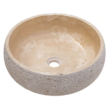 Light beige travertine vessel sink honed inside sandblasted outside size (D)16" (H)6" SKU-EGELBTR1662 product shot angle view