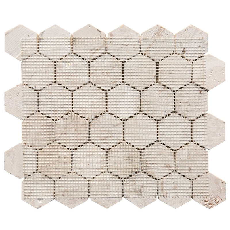 Limestone Beige Marble 2" Hexagon on 12" x 12" Mesh Mosaic Tile