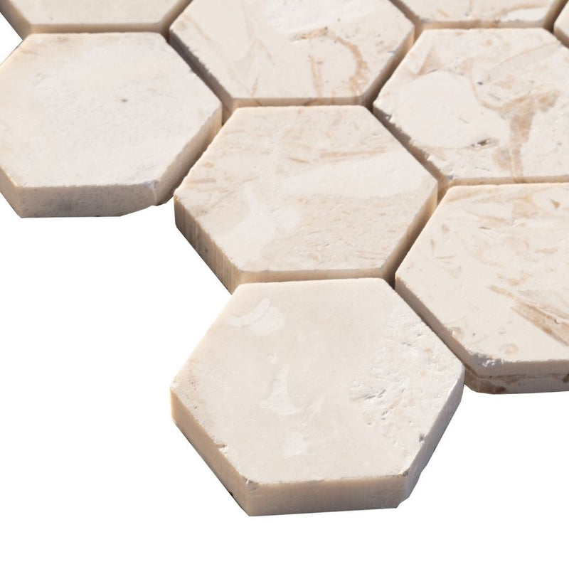 Limestone Beige Marble 2" Hexagon on 12" x 12" Mesh Mosaic Tile