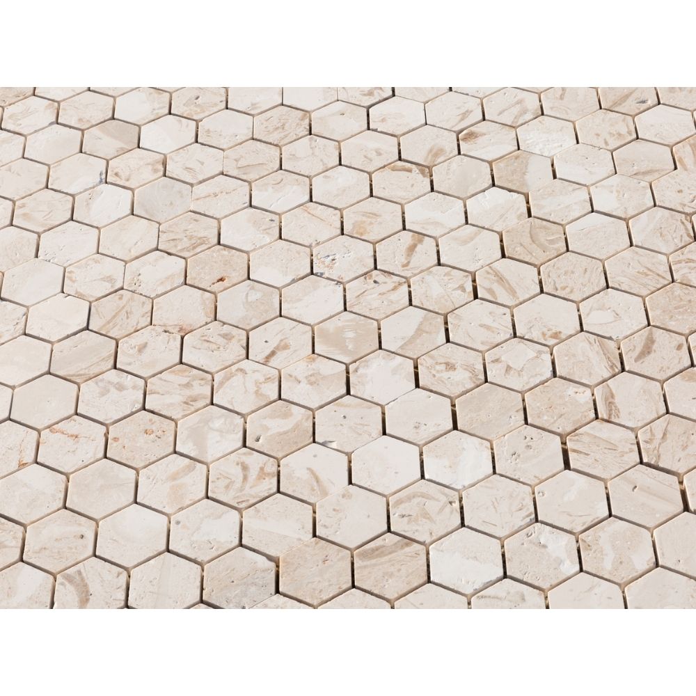 Limestone Beige Marble 2" Hexagon on 12" x 12" Mesh Mosaic Tile