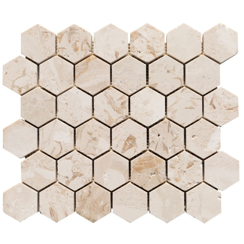 Limestone Beige Marble 2" Hexagon on 12" x 12" Mesh Mosaic Tile