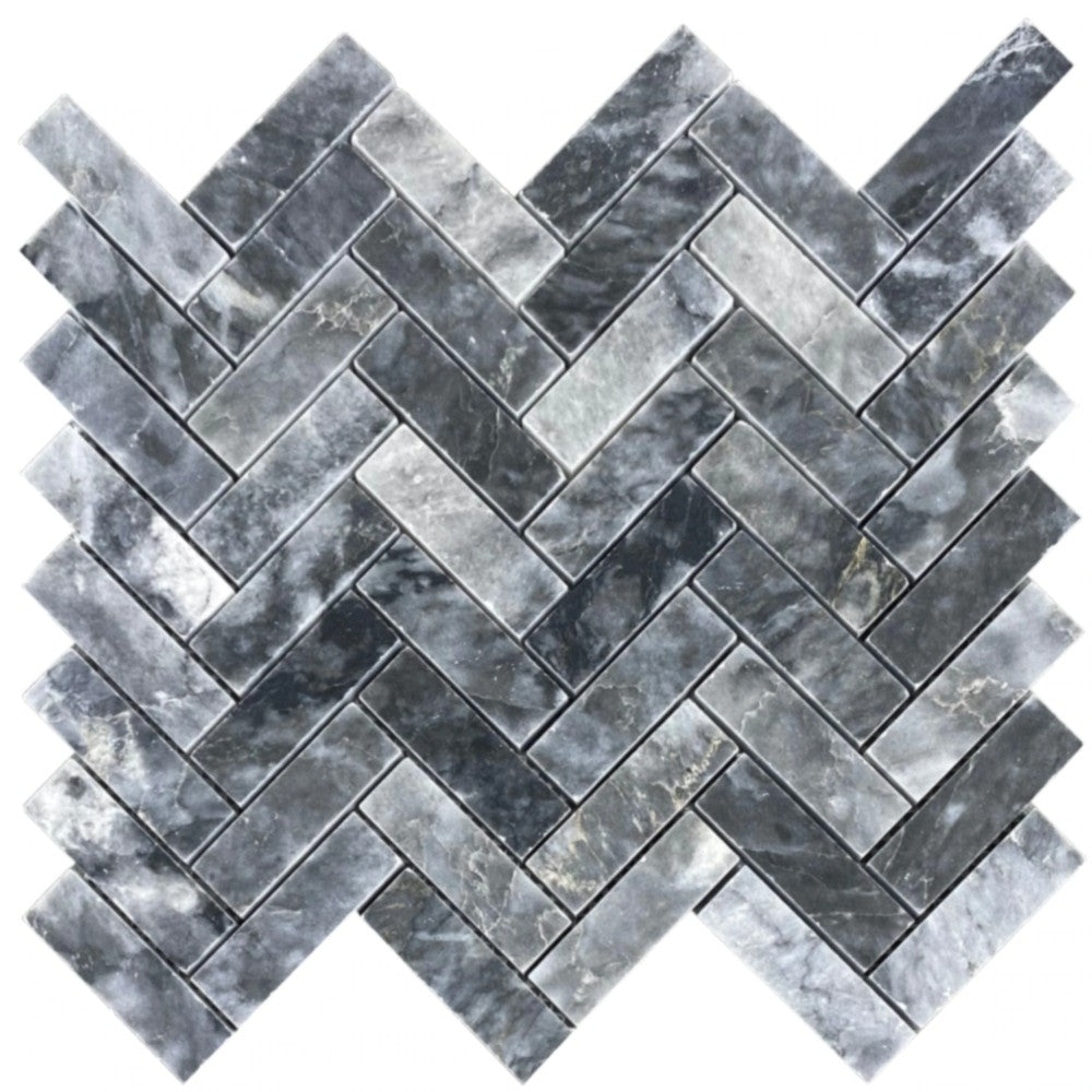 Luna sky marble 1x3 herringbone honed angle SKU-HSLS1x3HBMOSH Top view of mesh