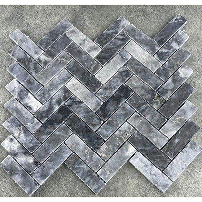 Luna sky marble 1x3 herringbone honed angle SKU-HSLS1x3HBMOSH Product view under sunlight