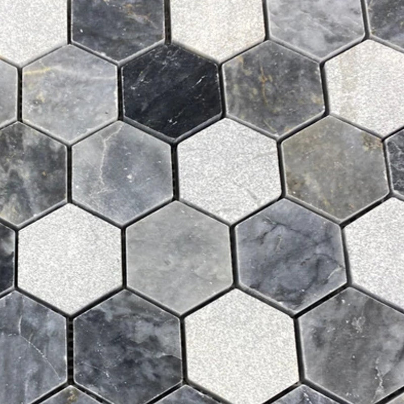 Luna sky marble mosaic 2 hexagon honed sand blasted mix on 12x12 close view of product