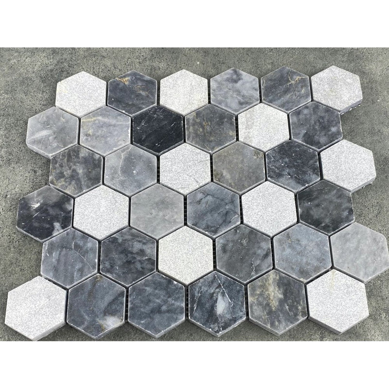Luna sky marble mosaic 2 hexagon honed sand blasted mix on 12x12 product view under sunlight