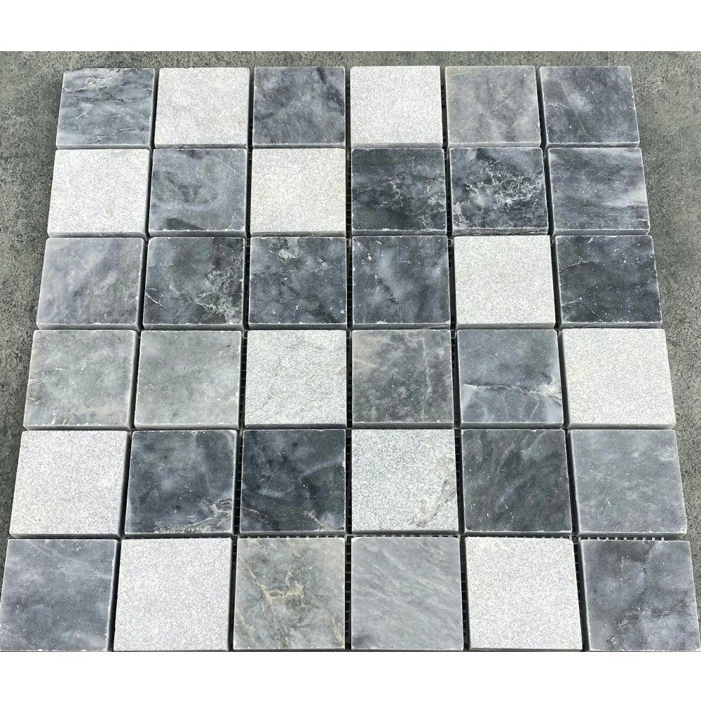 Luna sky marble mosaic 2x2 honed sand blasted mix on 12x12 SKU-HSLS2x2BMOSH Product view under sunlight.