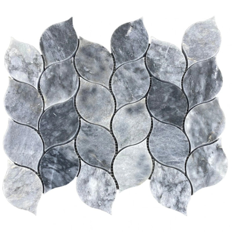 Luna sky marble mosaic leaf design on 12x12 mesh honed SKU-HSLSLEABMOSH Product shot on white background.