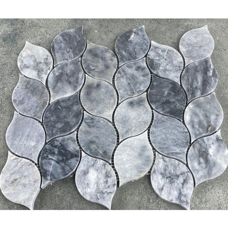 Luna sky marble mosaic leaf design on 12x12 mesh honed SKU-HSLSLEABMOSH Product view under sunlight