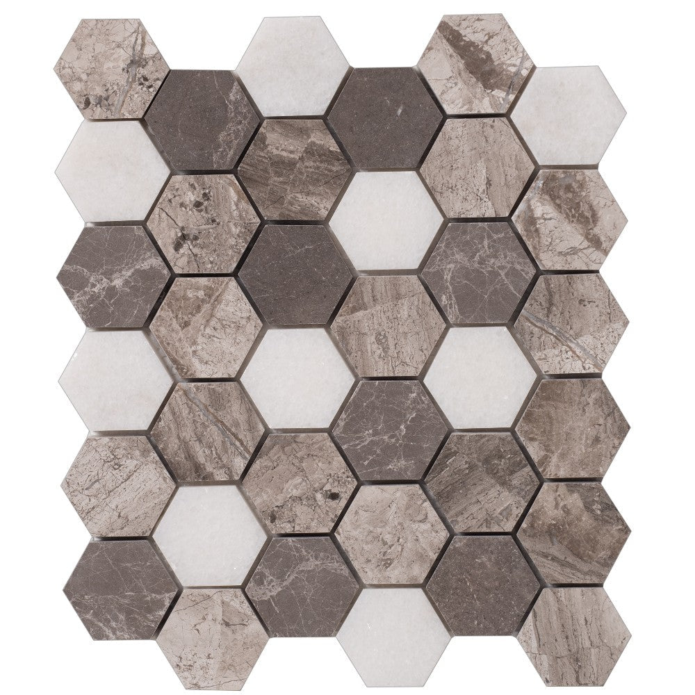 Silver Shadow Marble 2" Hexagon on 12" x 12" Mesh Mosaic Tile