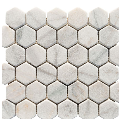 White Marble 2" Hexagon on 12" x 12" Mesh Mosaic Tile