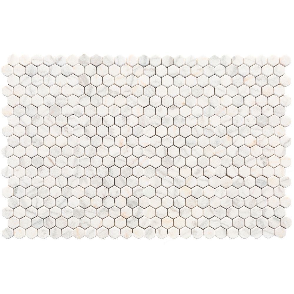 White Marble 2" Hexagon on 12" x 12" Mesh Mosaic Tile