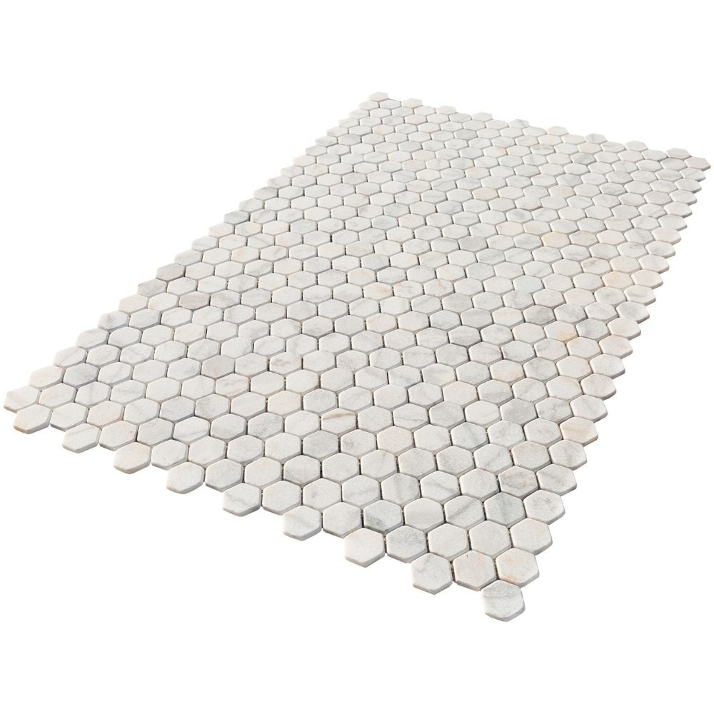 White Marble 2" Hexagon on 12" x 12" Mesh Mosaic Tile