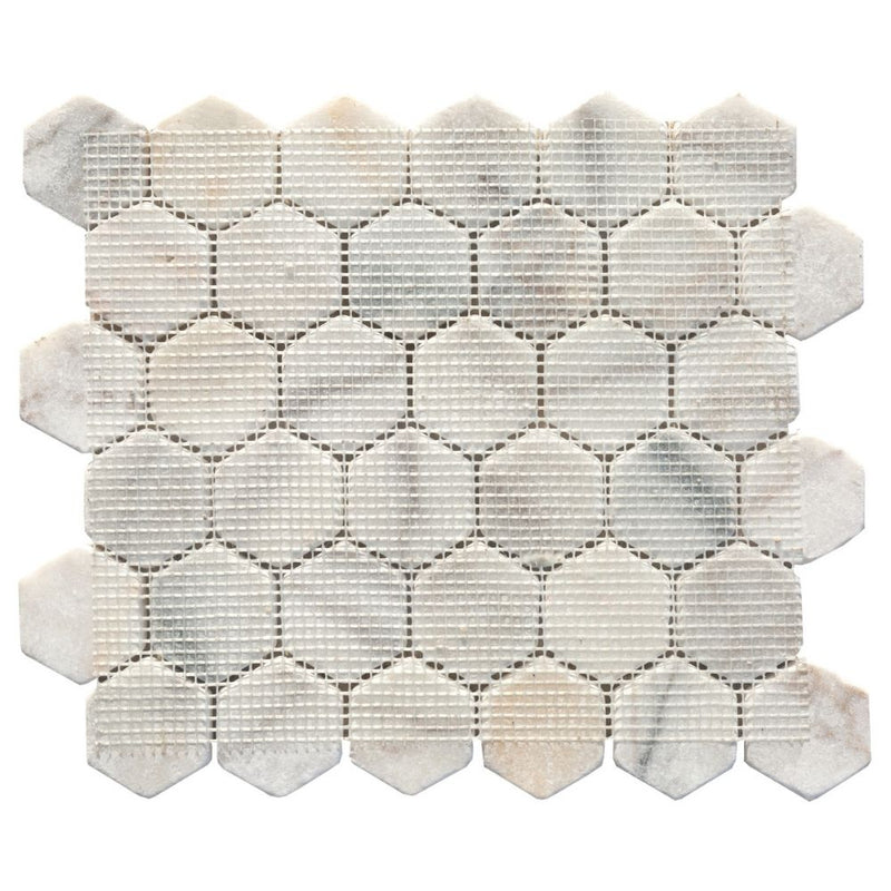 White Marble 2" Hexagon on 12" x 12" Mesh Mosaic Tile