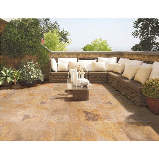 Meandros Gold antique French pattern travertine tile size pattern set surface brushed chiseled SKU-10074439 installed on terrace floor