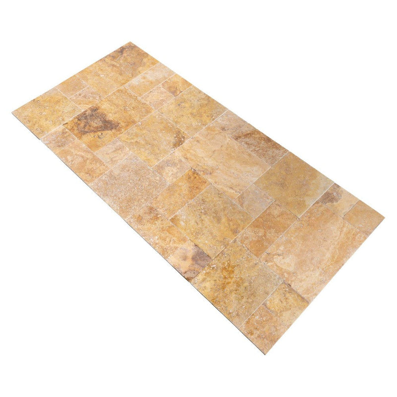 Meandros Gold antique French pattern travertine tile size pattern set surface brushed chiseled SKU-10074439 product shot angle view
