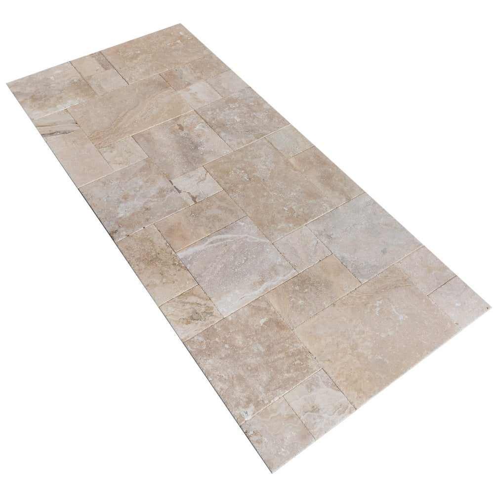 Mina rustic antique French pattern set travertine tile size pattern set surface brushed and chiseled SKU-10076469 angle view of travertine tile