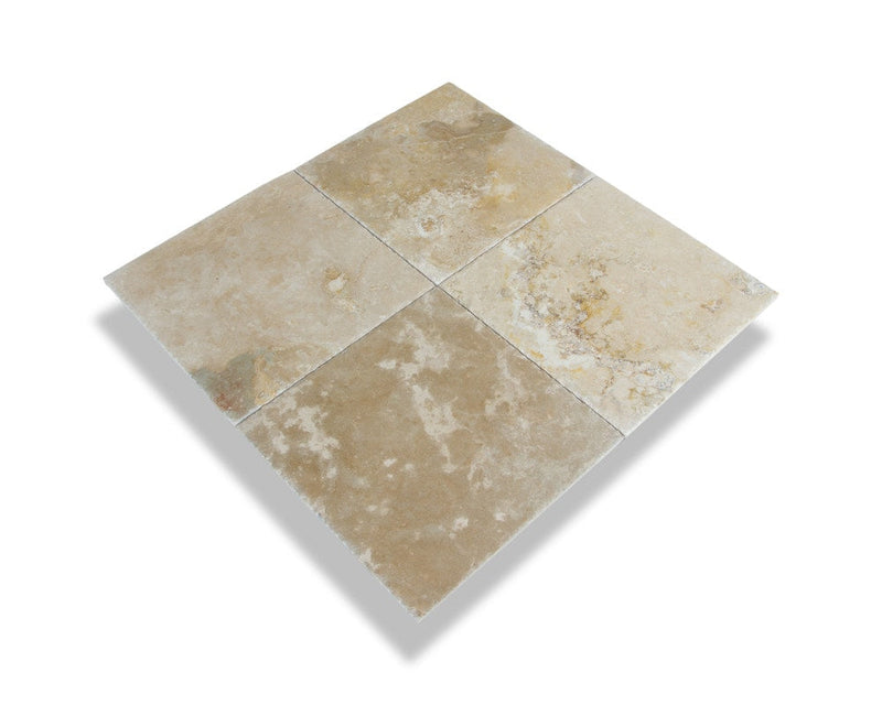 Mina rustic travertine tile surface brushed filled edge chiseled size 16"x16" SKU-1009490.4 View of tiles together.