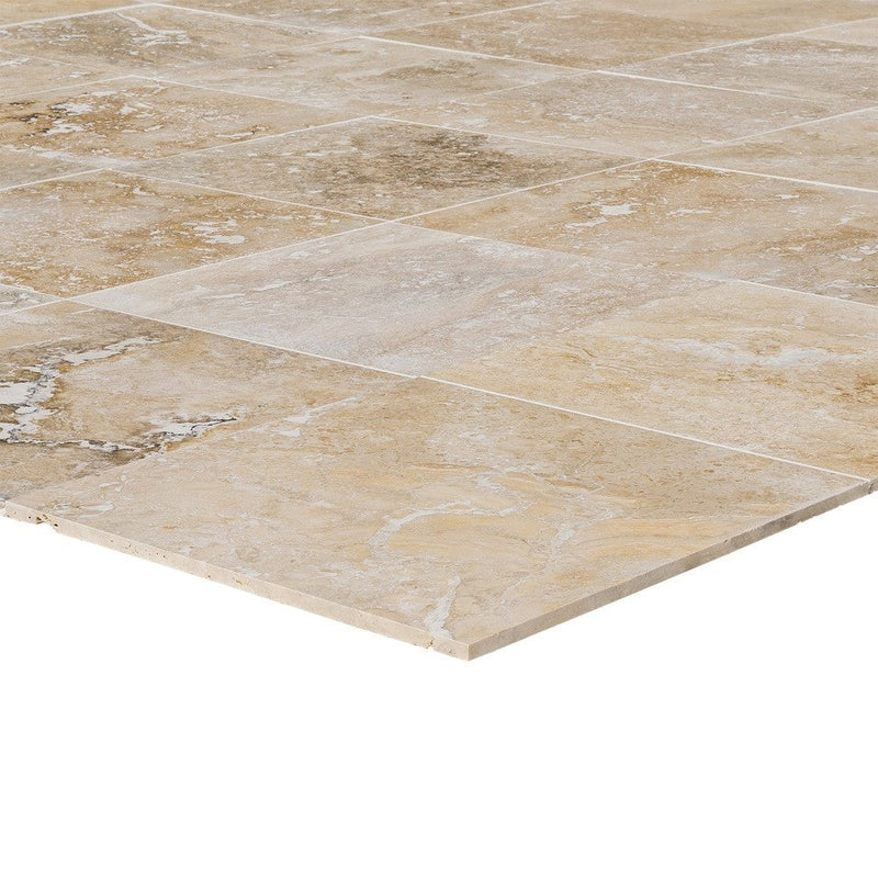 Mina rustic travertine tile surface honed filled SKU-10071430.4 Close-up shot of product thickness.