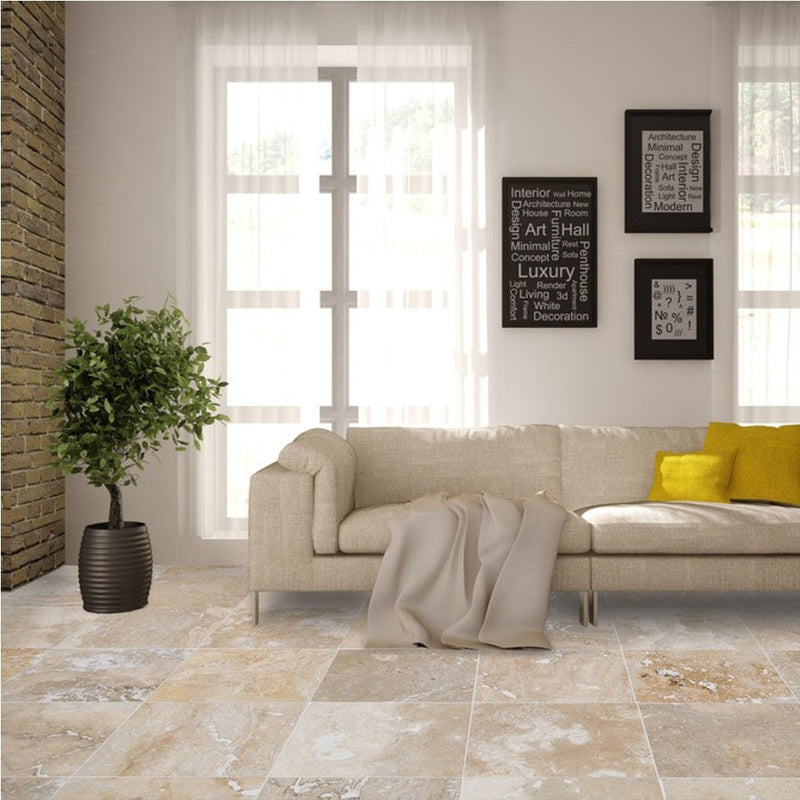Mina rustic travertine tile surface honed filled SKU-10071430.2 installed view of the product on the floor