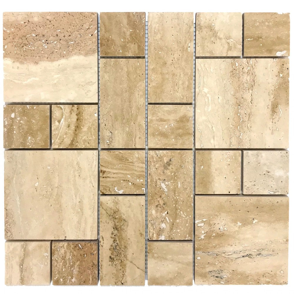 Patara Mini Pattern 12" x 12" Honed Travertine Mesh-Mounted Mosaic Tile SKU-HSPATMMOSHF Product view on white background