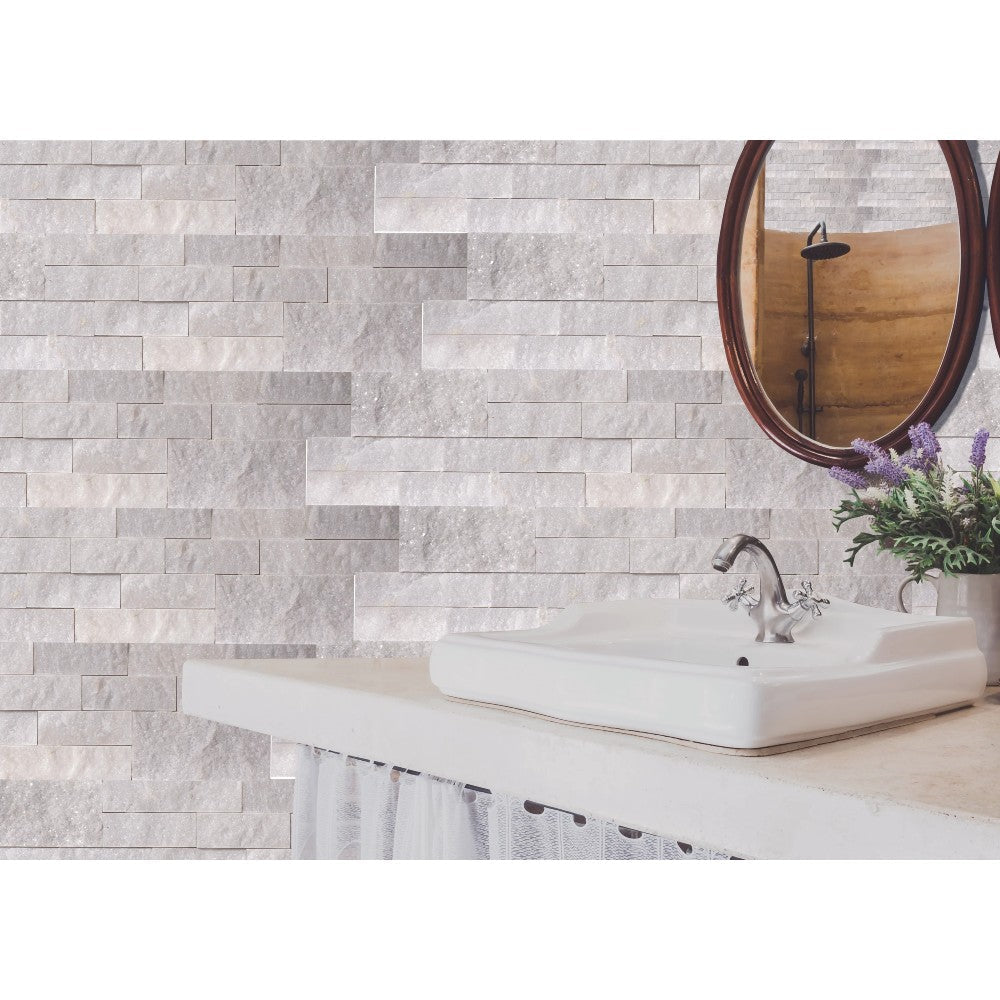 Mugla White Ledger 3D Panel 6"x24" Split-face Natural Marble Wall Tile