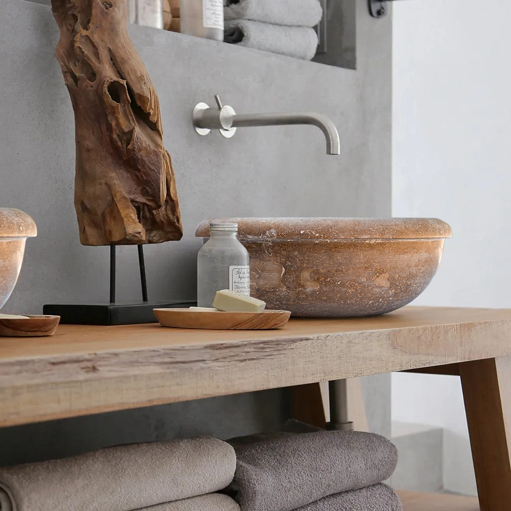 Noce Brown Travertine Natural Stone Drop-in Sink Honed and Filled