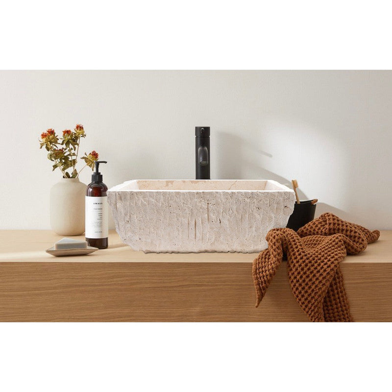 Troia Light Rustic Natural Stone Vessel Sink Honed Interior Hand Chiseled Exterior (W)12" (L)17" (H)6"