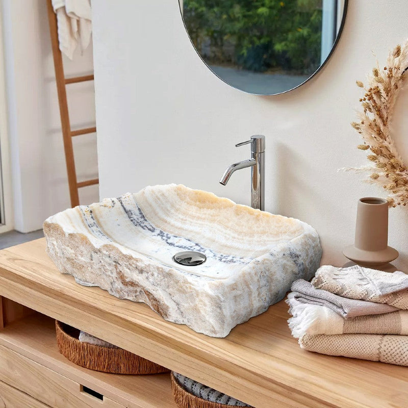 honey onyx rustic natural stone vessel sink SKU NTRSTC55 installed on bathroom 