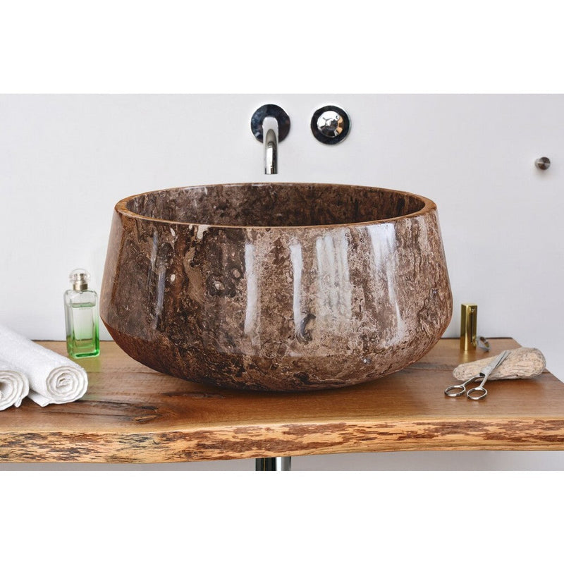 Narcist brown marble natural stone vessel sink surface high gloss polished size  (D)16" (H)6.5" SKU 202113 bathroom view