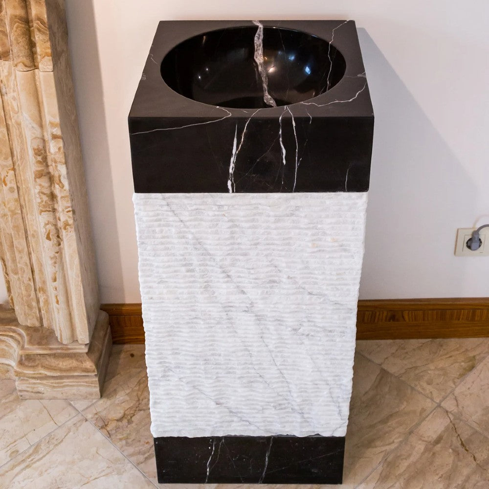 Natural Stone Marble Pedestal Sink Toros Black Carrara White Polished (L)16" (W)16" (H)36" SKU-NTRVS28 product shot angle view