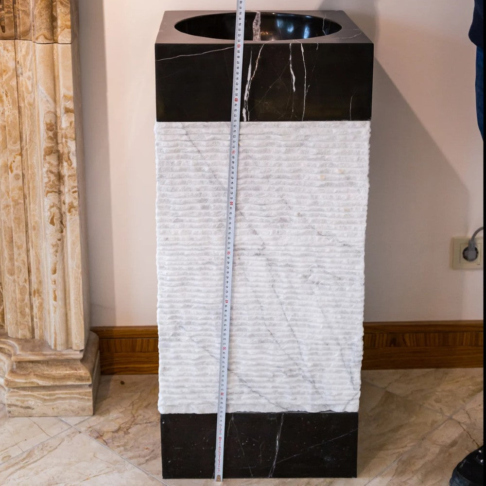 Natural Stone Marble Pedestal Sink Toros Black Carrara White Polished (L)16" (W)16" (H)36" SKU-NTRVS28 product shot total height measure