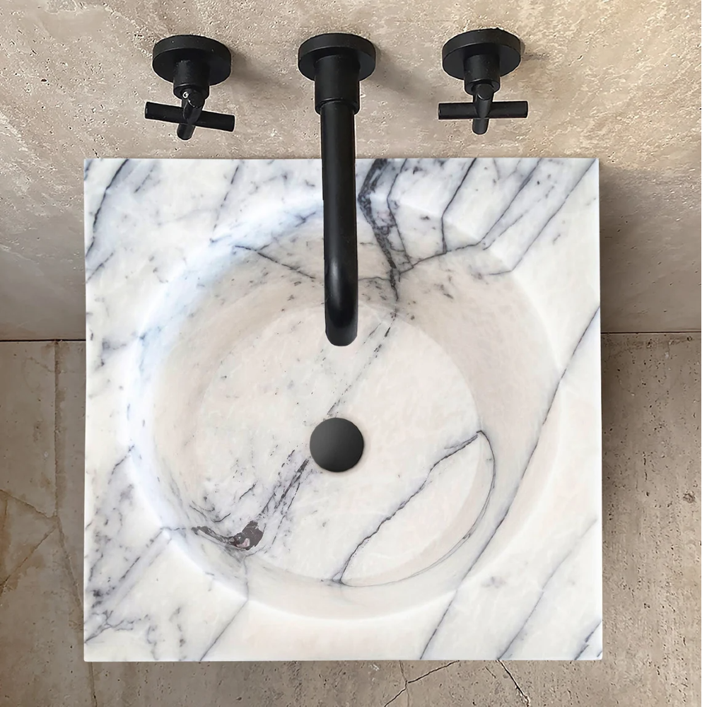Natural Stone New York White Marble Pedestal Square Cone Shaped Sink Polished (W)16" (L)16" (H)36" SKU-NTRVS25 top view installed on bathroom