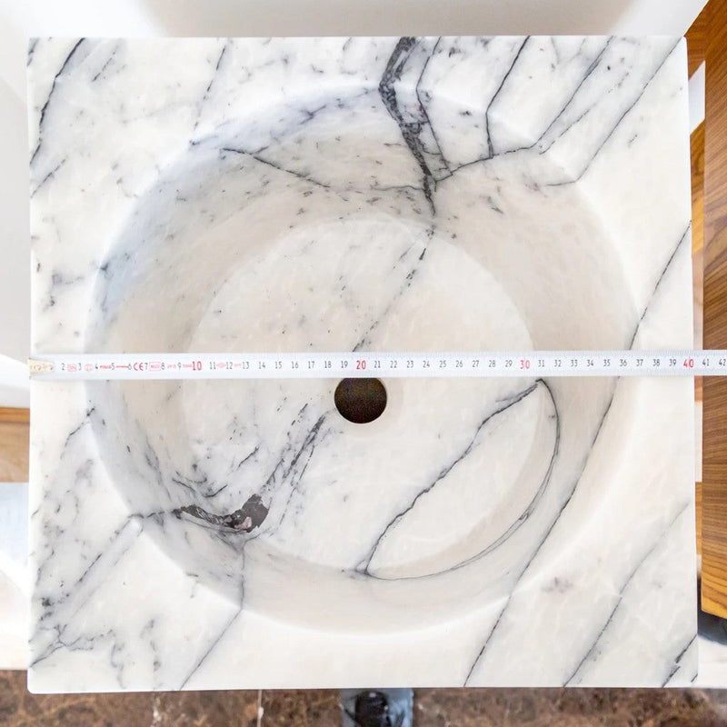 Natural Stone New York White Marble Pedestal Square Cone Shaped Sink Polished (W)16" (L)16" (H)36" SKU-NTRVS25 product shot top view sink size measure
