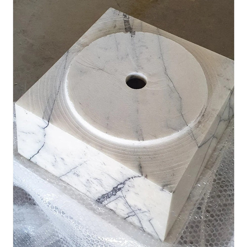 Natural Stone New York White Marble Pedestal Square Cone Shaped Sink Polished (W)16" (L)16" (H)36" SKU-NTRVS25 product shot sink back and drain hole picture