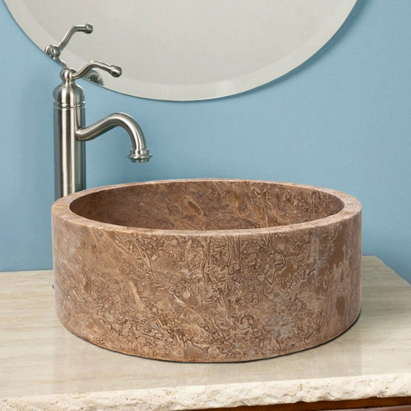 Natural Stone Noce Brown Travertine Vessel Sink SKU-20020016 Installed on bathroom