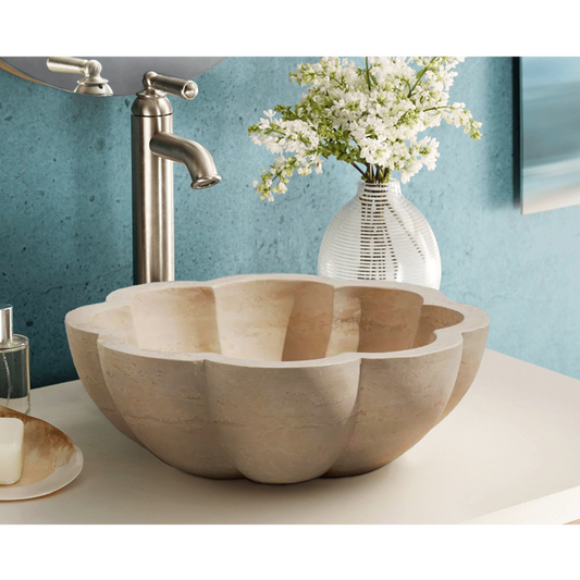 Natural Stone Pumpkin Light Travertine Vessel Sink 16x6 SKU-20020021 Installed view