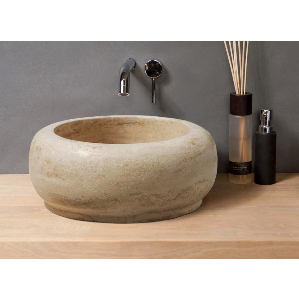 Natural Stone Oval Light Travertine Vessel Sink SKU-20020003 bathroom view of sink.