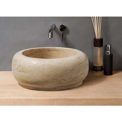 Natural Stone Oval Light Travertine Vessel Sink SKU-20020003 bathroom view of sink.