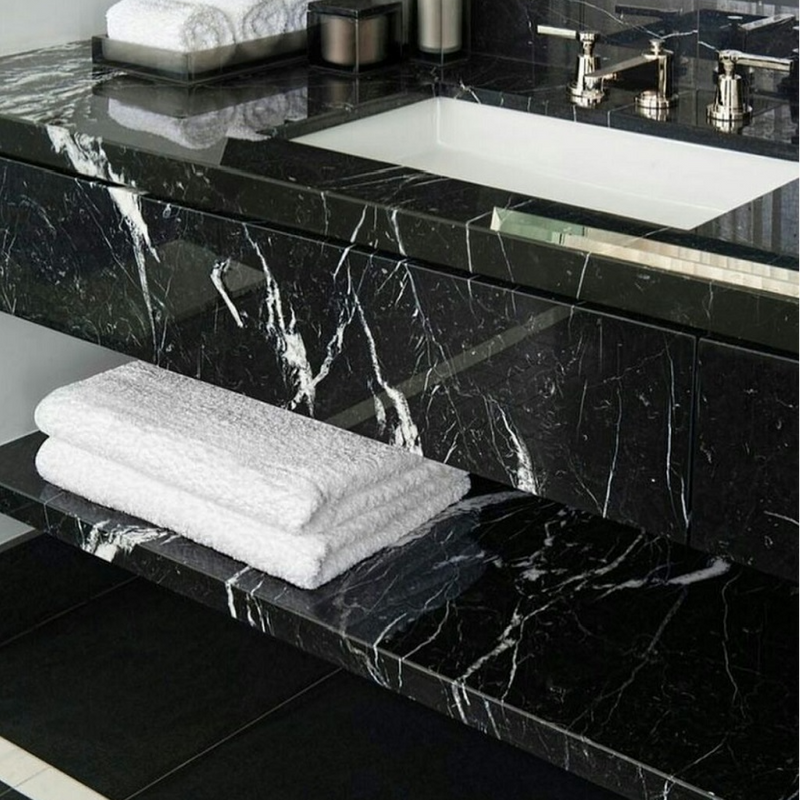 Nero Marquina Black Marble Tile Polished size 12x24 SKU-40102006 installed on bathroom sink counter and shelf