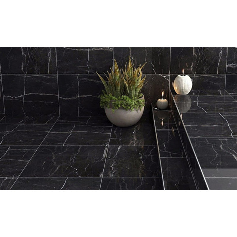 Nero Marquina Black Marble Tile Polished size 12x24 SKU-40102006 installed on building entrance floor