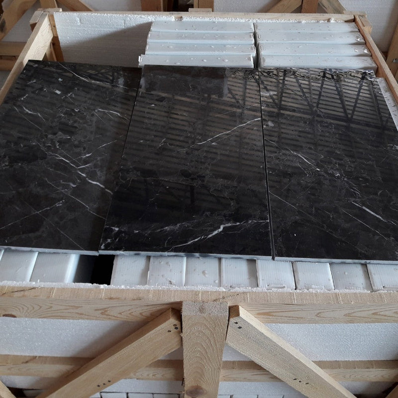 Nero Marquina Black Marble Tile Polished size 12x24 SKU-40102006 product shot top view on wooden crate
