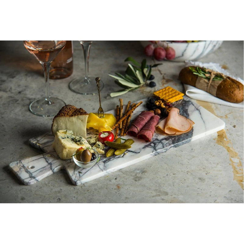 NewYork genuine white marble serving board charcutorie platter product SKU-MSNYSB8x14 Presentation view of product.